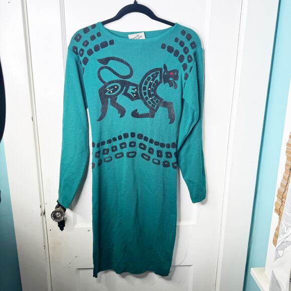 VTG Dressy Tessy Teal Sweater Dress Velvet Jewel Accents Ancient Egyptian Style